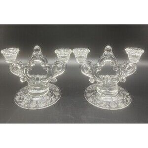 VTG Cambridge Rose Point Clear Glass Candle Holders 6.5” Tall Set Of 2